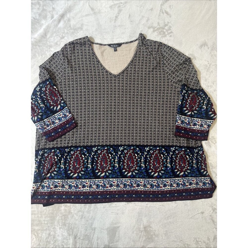 Ulla Popken Boho Paisley Print Tunic Top Size 32/34 (3X) V-Neck 3/4 Sleeve
